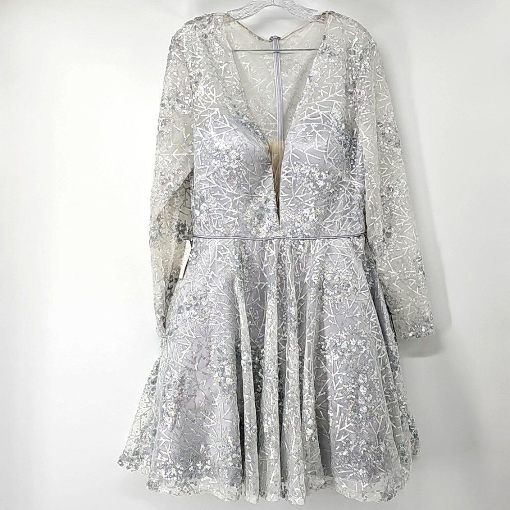 COLORS Silver Sequin Corsette Top Deep V-neck Tulle Slip Fit & Flare Dress Sz:14